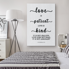 Minimalist Typography Framed Canvas - Love Is Patient Love Is Kind ~1 Corinthians 13:4~