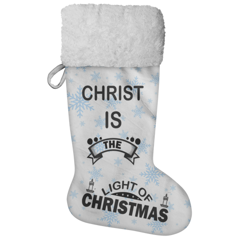 Fluffy Sherpa Lined Christmas Stocking - Christ Is The Light Of Christmas (Design: Blue Snowflake)