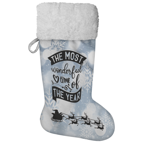 Fluffy Sherpa Lined Christmas Stocking - The Most Wonderful Time Of The Year (Design: White Snowflake)