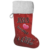 Fluffy Sherpa Lined Christmas Stocking - Jesus Loves Me This I Know (Design: Red)