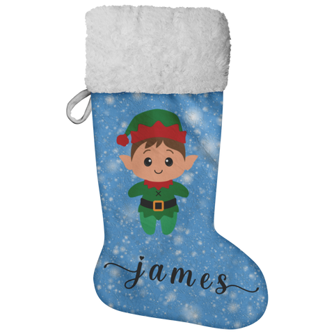 Personalised Name Fluffy Sherpa Lined Christmas Stocking - Elf Boy (Design: Blue)