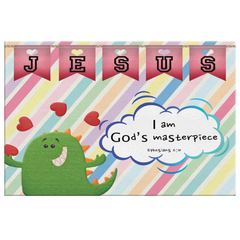 Hope Inspiring Nursery & Kids Bedroom Framed Canvas Wall Art - I Am God's Masterpiece ~Ephesians 2:10~ (Design: Dinosaur)