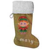 Personalised Name Fluffy Sherpa Lined Christmas Stocking - Elf Girl (Design: Gold)