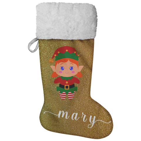 Personalised Name Fluffy Sherpa Lined Christmas Stocking - Elf Girl (Design: Gold)