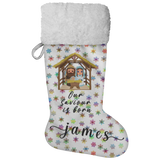 Personalised Name Fluffy Sherpa Lined Christmas Stocking - Our Saviour Is Born (Design: Rainbow Snowflake)