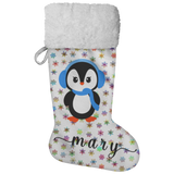 Personalised Name Fluffy Sherpa Lined Christmas Stocking - Penguin Girl (Design: Rainbow Snowflake)
