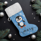 Personalised Name Fluffy Sherpa Lined Christmas Stocking - Penguin Girl (Design: Blue)