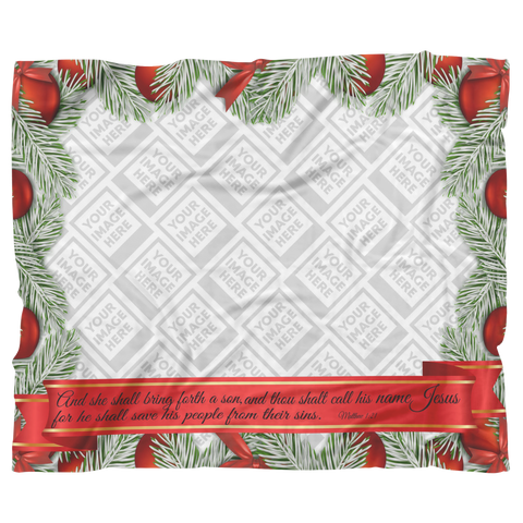 Personalized Christmas Super Comfort Fleece Blanket - Jesus Saves His People ~Matthew 1:21~ (Design: Horizontal Holly)