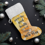 Fluffy Sherpa Lined Christmas Stocking - May You Have Good Health, Lots Of Happiness And A Great New Year (Design: Orange)