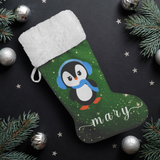 Personalised Name Fluffy Sherpa Lined Christmas Stocking - Penguin Girl (Design: Green)