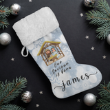 Personalised Name Fluffy Sherpa Lined Christmas Stocking - Our Saviour Is Born (Design: White Snowflake)