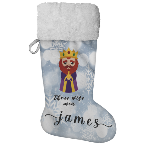 Personalised Name Fluffy Sherpa Lined Christmas Stocking - Wiseman 3 (Design: White Snowflake)
