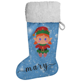 Personalised Name Fluffy Sherpa Lined Christmas Stocking - Elf Girl (Design: Blue)