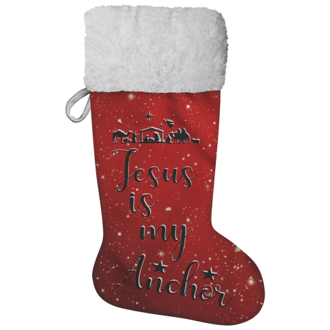 Fluffy Sherpa Lined Christmas Stocking - Jesus Is My Anchor (Design: Red)