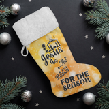 Fluffy Sherpa Lined Christmas Stocking - Jesus Is The Reason For The Season (Design: Orange)