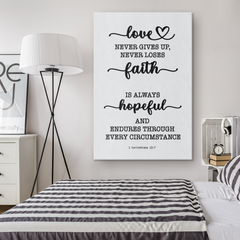 Minimalist Typography Framed Canvas - Love Never Gives Up ~1 Corinthians 13:7~