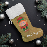 Personalised Name Fluffy Sherpa Lined Christmas Stocking - Elf Girl (Design: Gold)