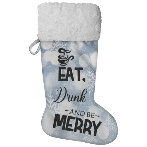 Fluffy Sherpa Lined Christmas Stocking - Eat Drink And Be Merry (Design: White Snowflake)
