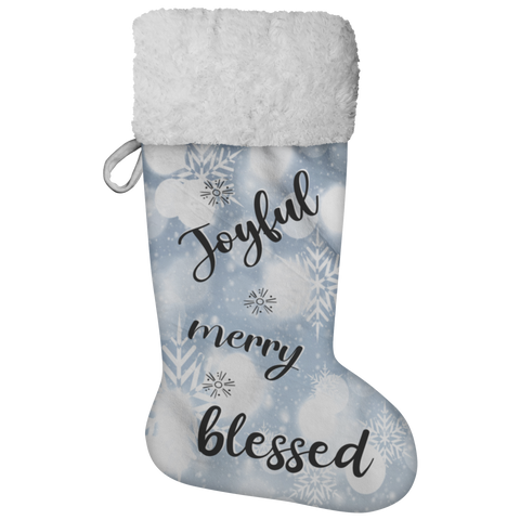Fluffy Sherpa Lined Christmas Stocking - Joyful Merry Blessed (Design: White Snowflake)
