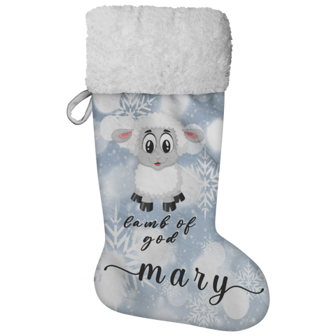 Personalised Name Fluffy Sherpa Lined Christmas Stocking - Lamb Of God (Design: White Snowflake)