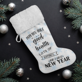 Fluffy Sherpa Lined Christmas Stocking - May You Have Good Health, Lots Of Happiness And A Great New Year (Design: Blue Snowflake)