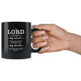 Typography Dishwasher Safe Black Mugs - The Lord Is My Rock & Fortress ~Psalm 18:2~