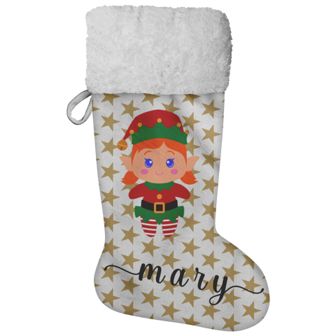 Personalised Name Fluffy Sherpa Lined Christmas Stocking - Elf Girl (Design: Gold Star)