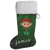 Personalised Name Fluffy Sherpa Lined Christmas Stocking - Elf Boy (Design: Green)