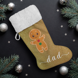 Personalised Name Fluffy Sherpa Lined Christmas Stocking - Gingerbread Man (Design: Gold)