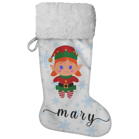 Personalised Name Fluffy Sherpa Lined Christmas Stocking - Elf Girl (Design: Blue Snowflake)