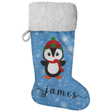 Personalised Name Fluffy Sherpa Lined Christmas Stocking - Penguin Boy (Design: Blue)