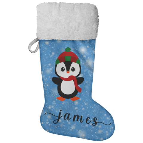 Personalised Name Fluffy Sherpa Lined Christmas Stocking - Penguin Boy (Design: Blue)