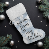 Fluffy Sherpa Lined Christmas Stocking - Jesus Is My Anchor (Design: White Snowflake)