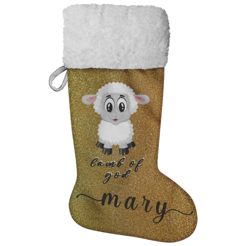Personalised Name Fluffy Sherpa Lined Christmas Stocking - Lamb Of God (Design: Gold)