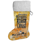 Fluffy Sherpa Lined Christmas Stocking - Christmas Begins With Christ (Design: Orange)