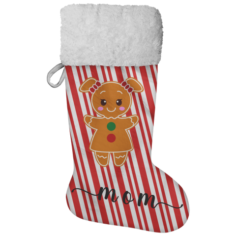 Personalised Name Fluffy Sherpa Lined Christmas Stocking - Gingerbread Woman (Design: Candy)