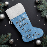 Fluffy Sherpa Lined Christmas Stocking - Jesus Is My Anchor (Design: Blue)