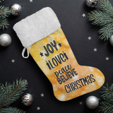 Fluffy Sherpa Lined Christmas Stocking - Joy Love Peace Believe Christmas (Design: Orange)