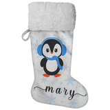 Personalised Name Fluffy Sherpa Lined Christmas Stocking - Penguin Girl (Design: Blue Snowflake)