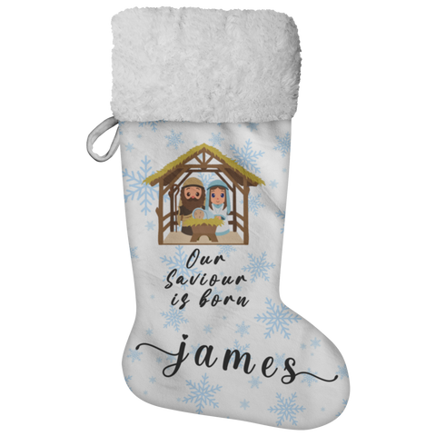 Personalised Name Fluffy Sherpa Lined Christmas Stocking - Our Saviour Is Born (Design: Blue Snowflake)