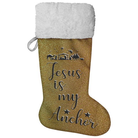 Fluffy Sherpa Lined Christmas Stocking - Jesus Is My Anchor (Design: Gold)