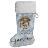 Personalised Name Fluffy Sherpa Lined Christmas Stocking - Our Saviour Is Born (Design: White Snowflake)